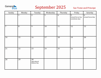Current month calendar with Sao Tome and Principe holidays for September 2025