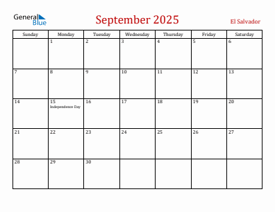 Current month calendar with El Salvador holidays for September 2025