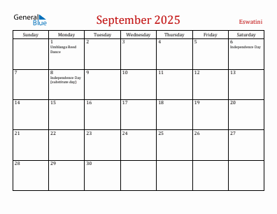 Current month calendar with Eswatini holidays for September 2025