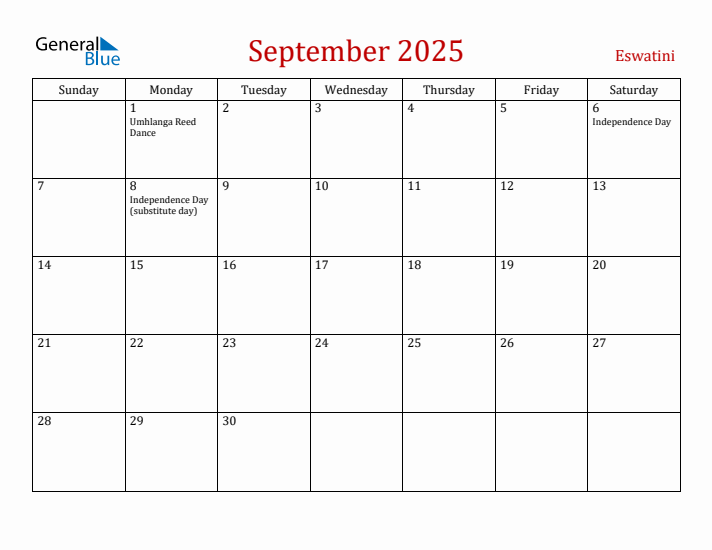 Eswatini September 2025 Calendar - Sunday Start