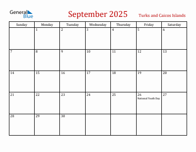 Current month calendar with Turks and Caicos Islands holidays for September 2025