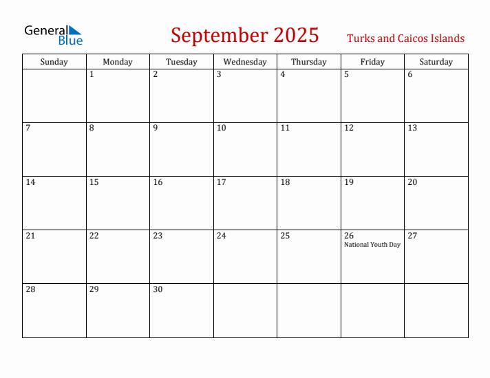 Turks and Caicos Islands September 2025 Calendar - Sunday Start