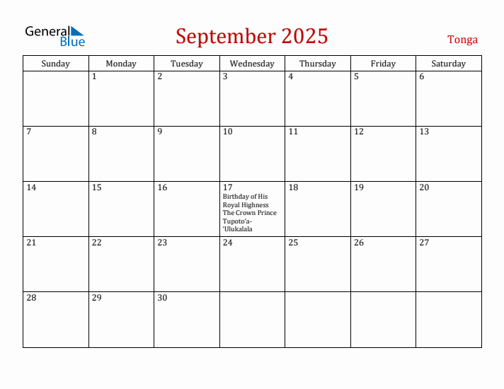 Tonga September 2025 Calendar - Sunday Start