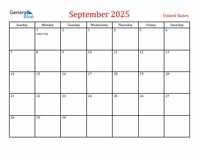Current month calendar with United States holidays for September 2025