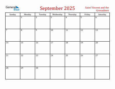 Current month calendar with Saint Vincent and the Grenadines holidays for September 2025