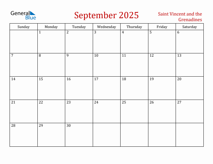 Saint Vincent and the Grenadines September 2025 Calendar - Sunday Start