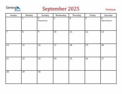 Current month calendar with Vietnam holidays for September 2025