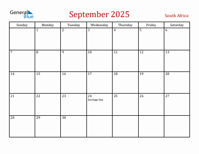 Current month calendar with South Africa holidays for September 2025