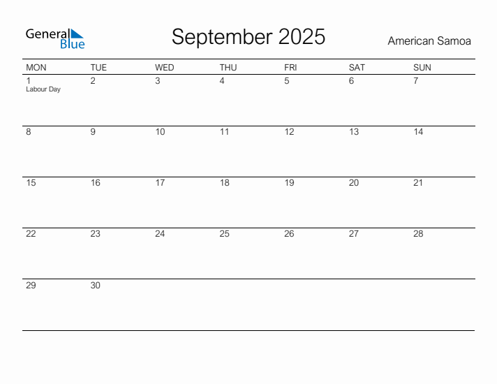 Printable September 2025 Calendar for American Samoa