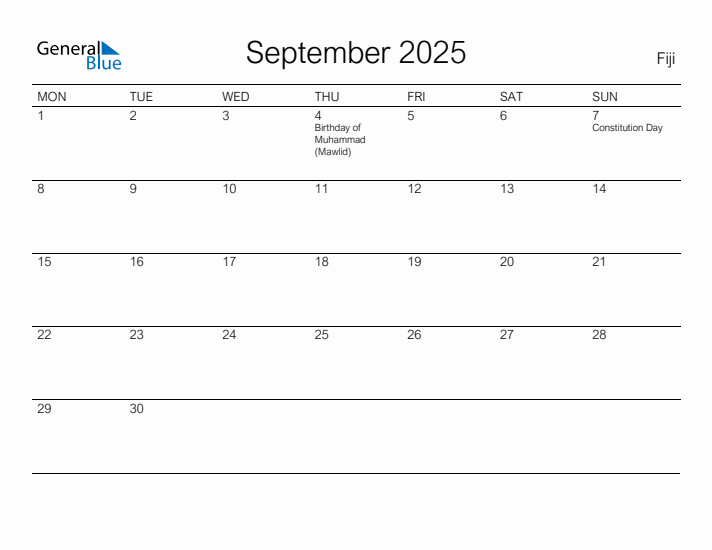 Printable September 2025 Calendar for Fiji