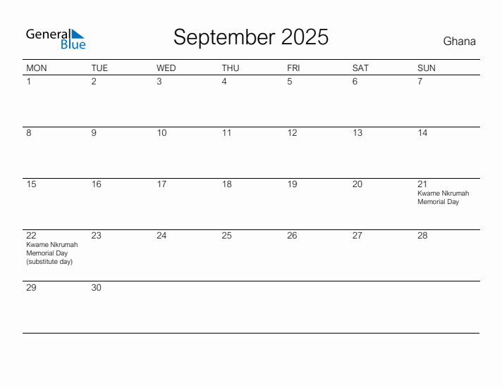 Printable September 2025 Calendar for Ghana