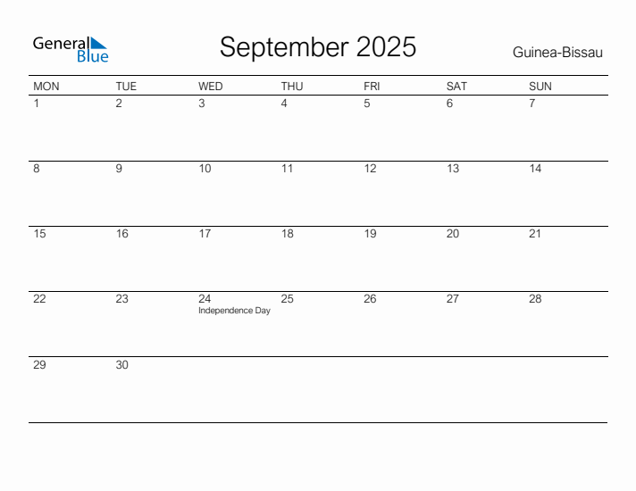 Printable September 2025 Calendar for Guinea-Bissau