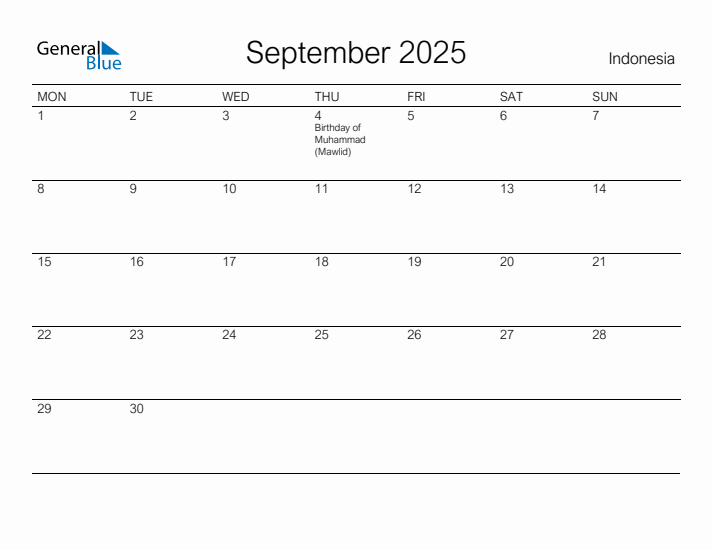 Printable September 2025 Calendar for Indonesia