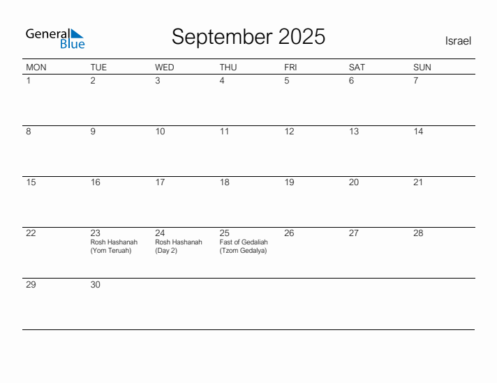Printable September 2025 Calendar for Israel