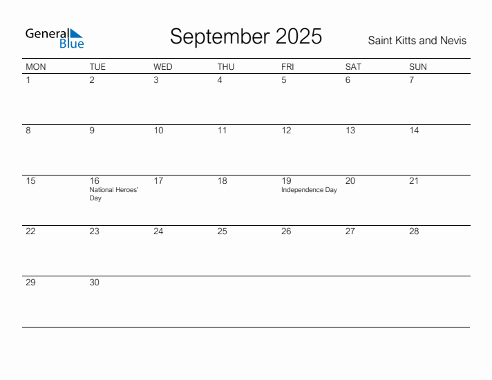Printable September 2025 Calendar for Saint Kitts and Nevis