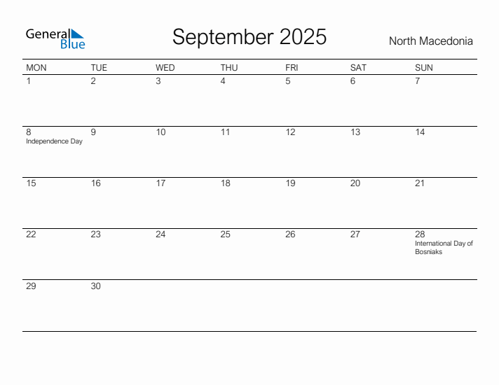 Printable September 2025 Calendar for North Macedonia
