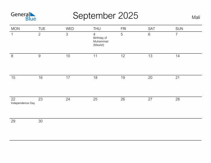 Printable September 2025 Calendar for Mali