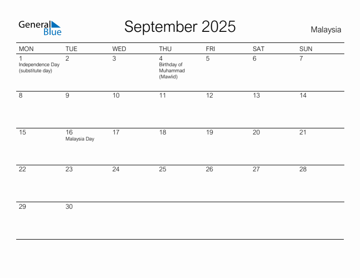 Printable September 2025 Calendar for Malaysia