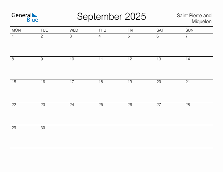 Printable September 2025 Calendar for Saint Pierre and Miquelon