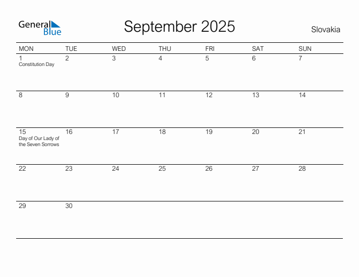 Printable September 2025 Calendar for Slovakia