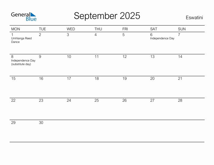 Printable September 2025 Calendar for Eswatini