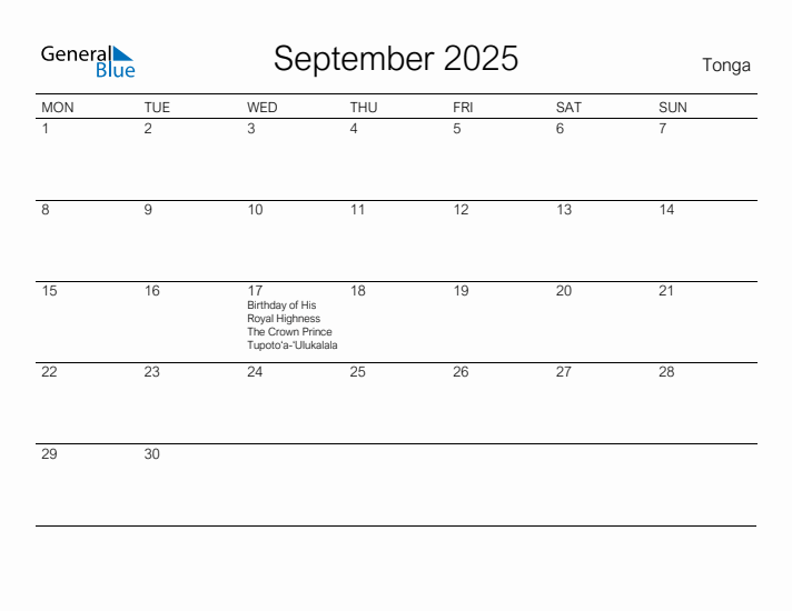 Printable September 2025 Calendar for Tonga