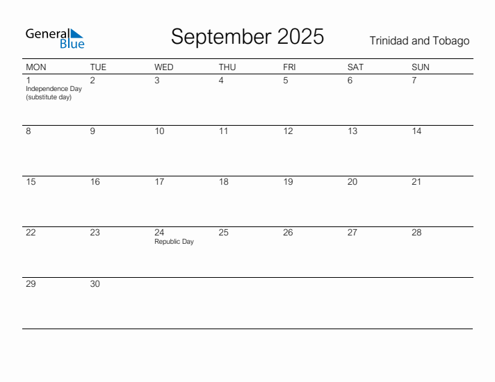 Printable September 2025 Calendar for Trinidad and Tobago