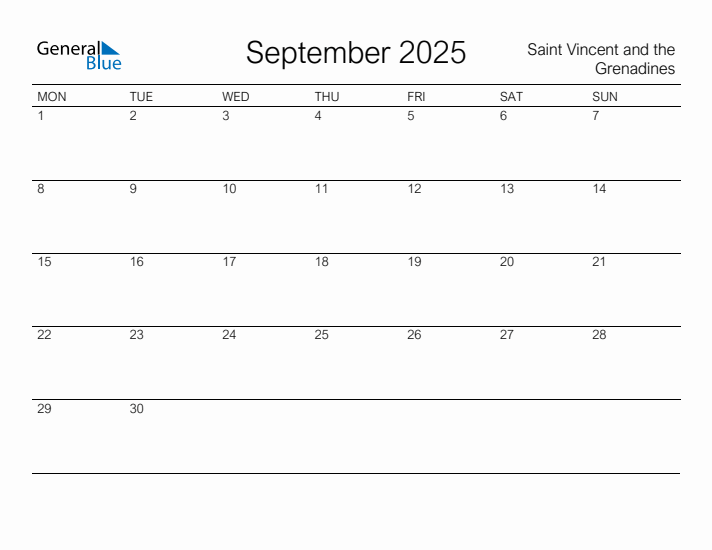 Printable September 2025 Calendar for Saint Vincent and the Grenadines