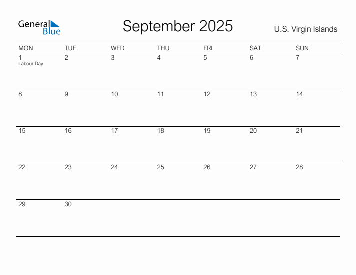Printable September 2025 Calendar for U.S. Virgin Islands