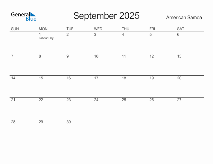 Printable September 2025 Calendar for American Samoa