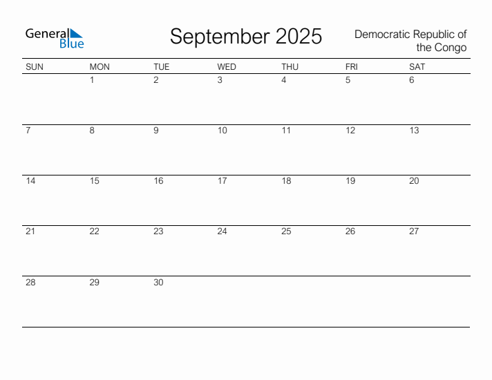 Printable September 2025 Calendar for Democratic Republic of the Congo