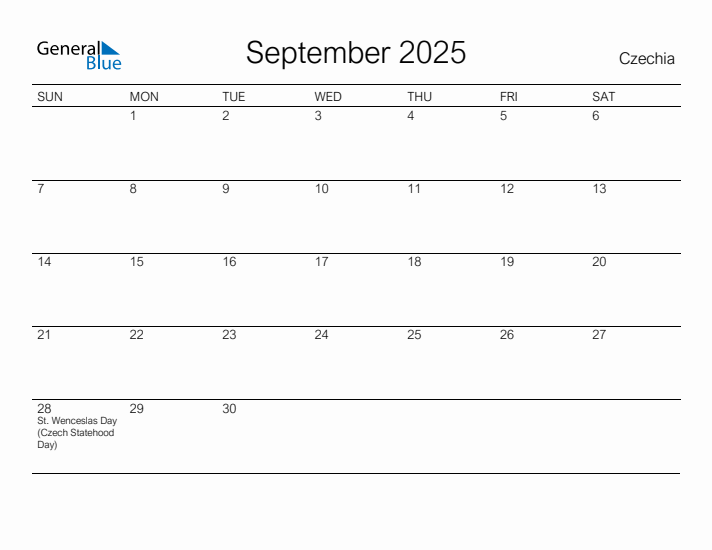 Printable September 2025 Calendar for Czechia
