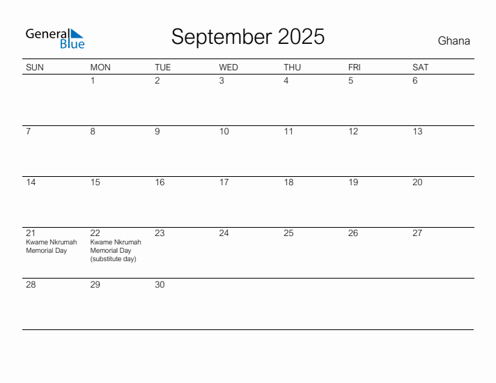Printable September 2025 Calendar for Ghana