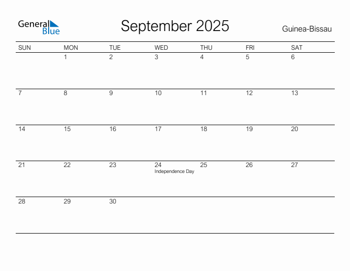 Printable September 2025 Calendar for Guinea-Bissau