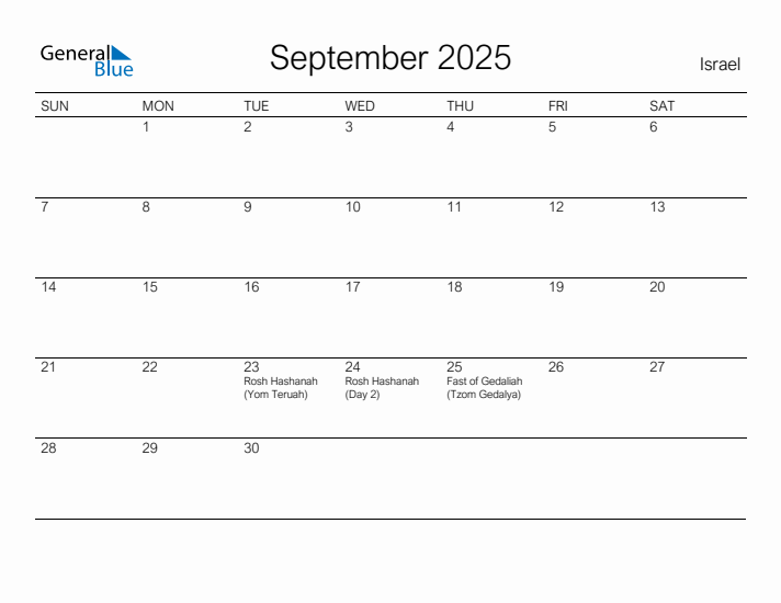 Printable September 2025 Calendar for Israel