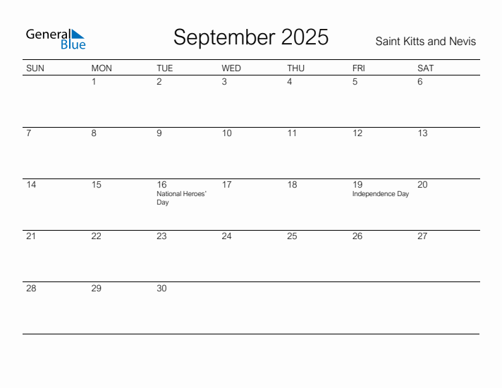 Printable September 2025 Calendar for Saint Kitts and Nevis
