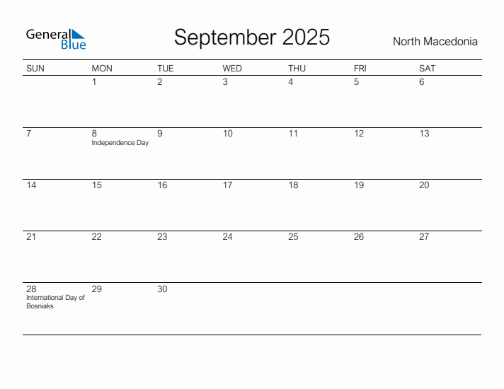 Printable September 2025 Calendar for North Macedonia