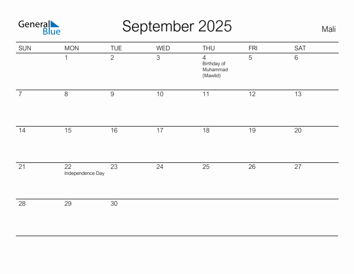 Printable September 2025 Calendar for Mali