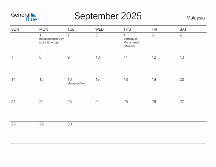 Printable September 2025 Calendar for Malaysia