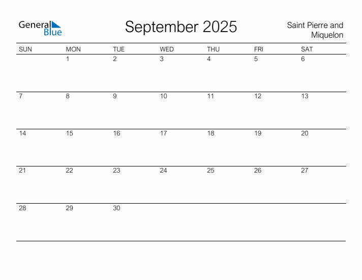 Printable September 2025 Calendar for Saint Pierre and Miquelon
