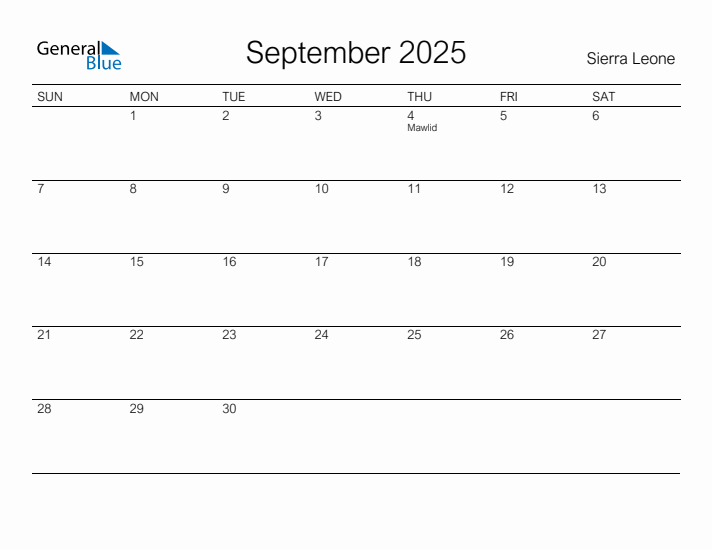 Printable September 2025 Calendar for Sierra Leone