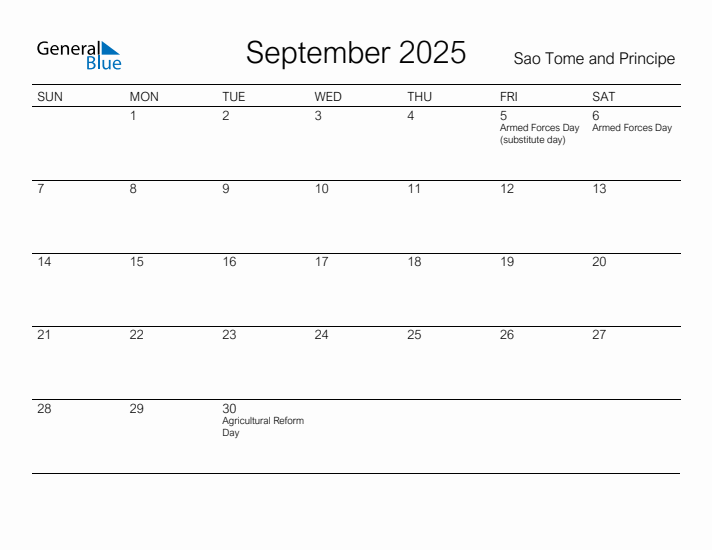 Printable September 2025 Calendar for Sao Tome and Principe