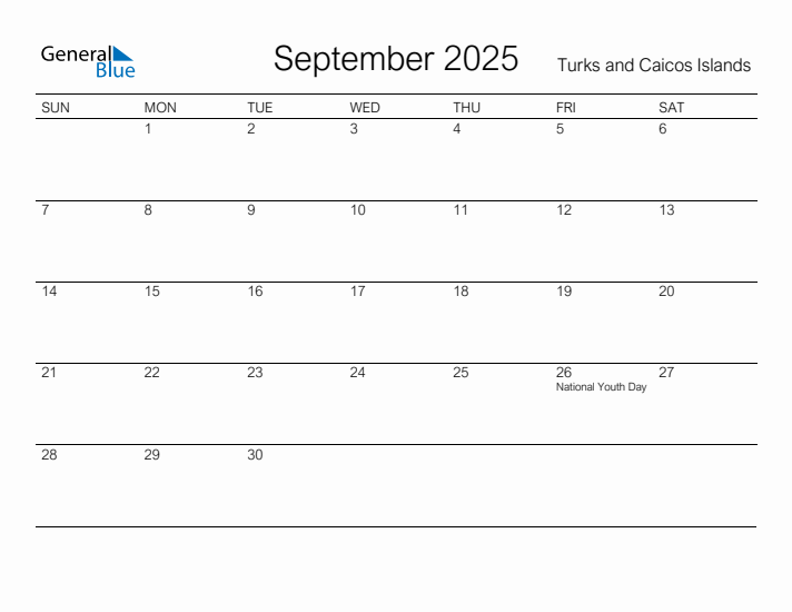 Printable September 2025 Calendar for Turks and Caicos Islands