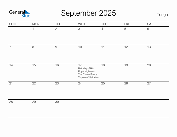 Printable September 2025 Calendar for Tonga