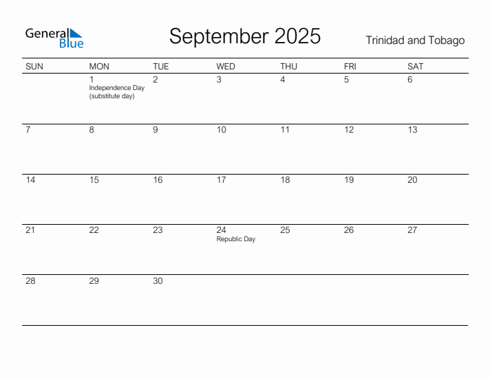 Printable September 2025 Calendar for Trinidad and Tobago