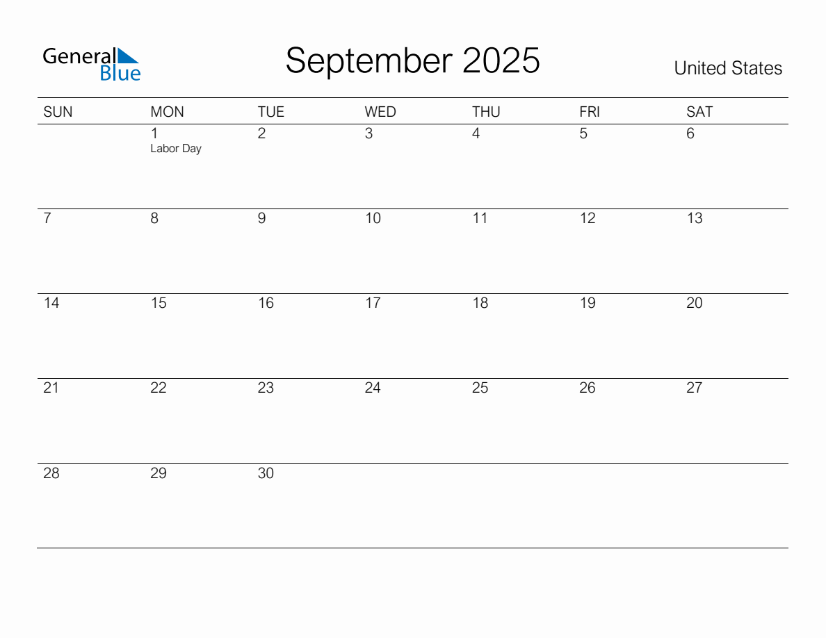 Printable September 2025 Monthly Calendar with Holidays for United States