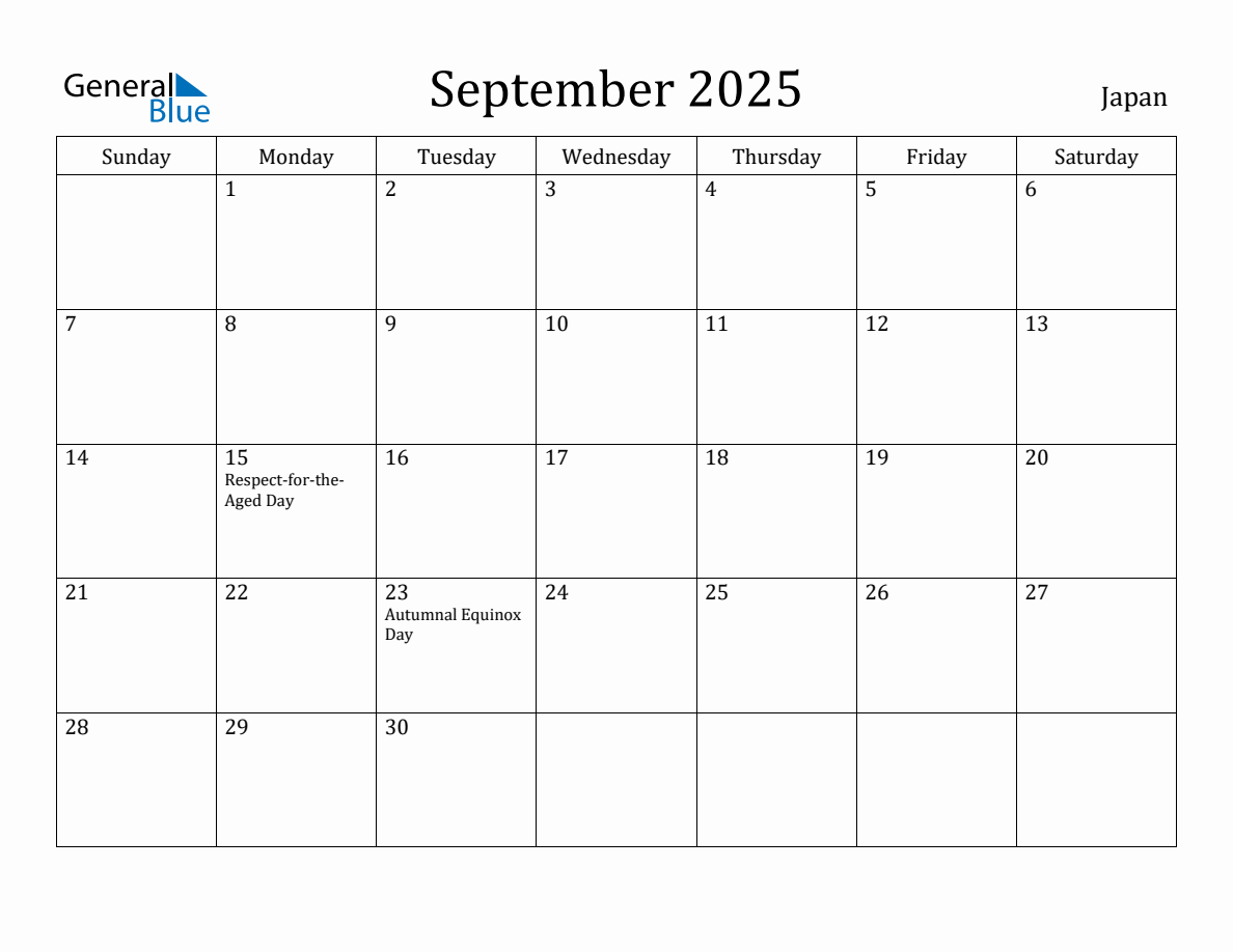 September 2025 monthly calendar with holidays in Japan