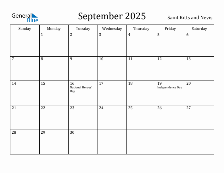 September 2025 Calendar Saint Kitts and Nevis