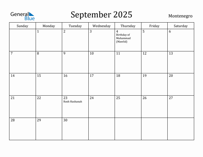 September 2025 Calendar Montenegro