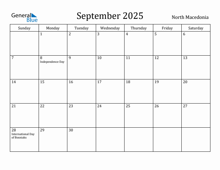 September 2025 Calendar North Macedonia
